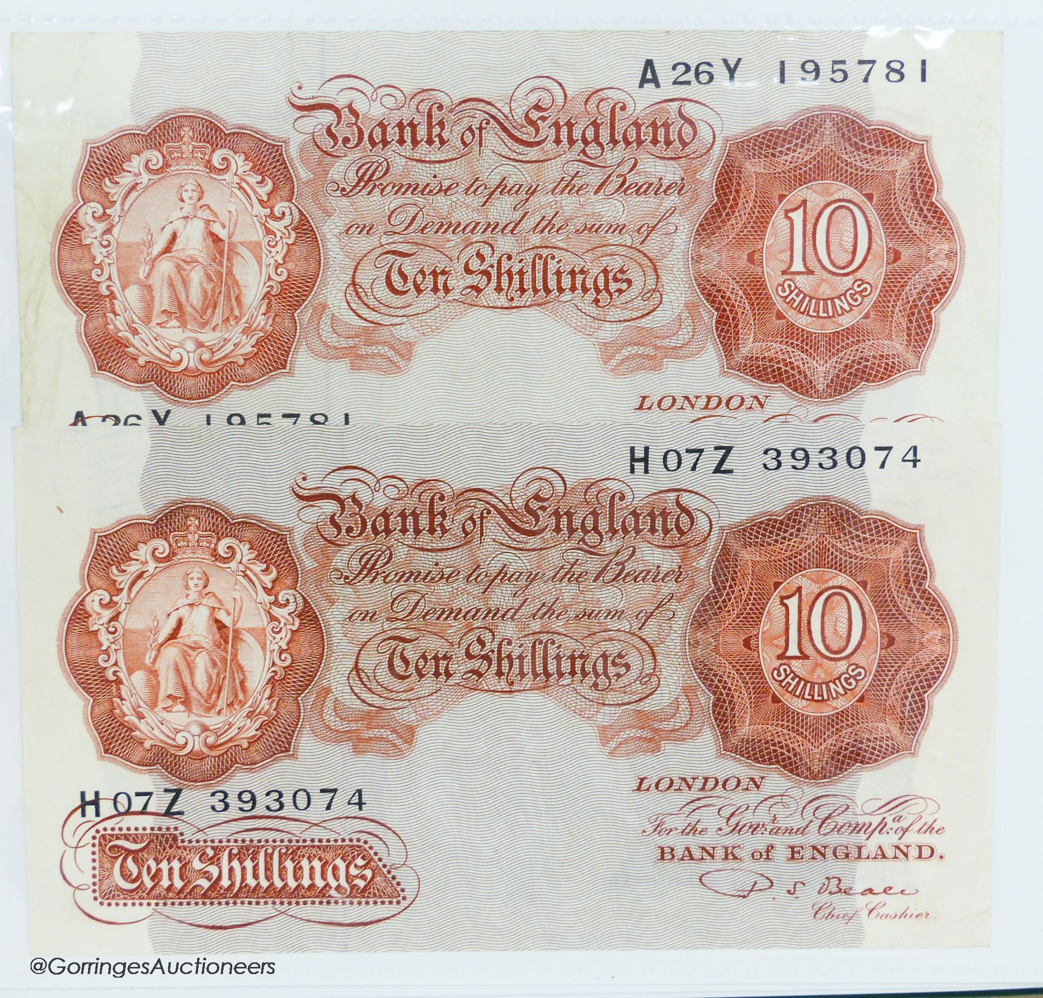 A collection of Bank of England and Scottish banknotes to include: 21 QEII 10 shillings, 14 O'Brien and Beale 10 shillings, 1 Peppiatt 10 shillings, 4 Hallam one pound notes, 18 O'Brien or Beale one pound notes, 8 Peppia